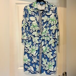 Talbots Blue, White & Green Floral Button-Front Tie-Waist Long Sleeve Dress